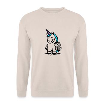 Magisches Einhorn zur Einschulung mit Ranzen - Unisex Pullover - Sand - Vorne - Alina (178cm) & Michal (187cm)