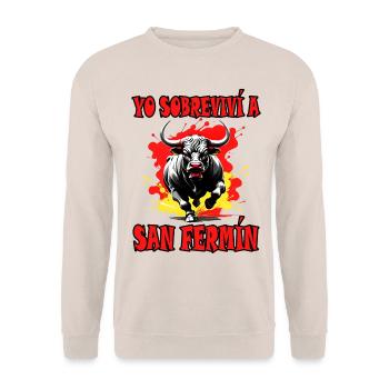 Ich habe San Fermín überlebt. Pamplona. Spanien - Unisex Pullover - Sand - Vorne - Alina (178cm) & Michal (187cm)
