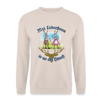 Mei Lederhosn is no am Hirsch - Tracht - Gaudi - Unisex Sweatshirt - sand - Front - Alina (178cm) & Michal (187cm)