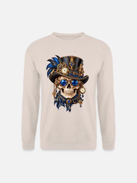 Totenkopf, Totenkopf, Steampunk-Hut, blaue Federn - Unisex Pullover - Sand