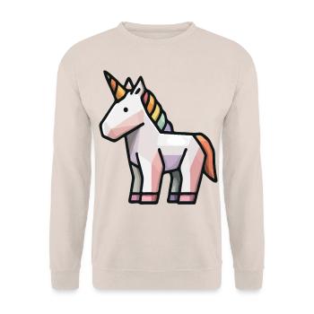 Geometrisches Einhorn – Low Poly Fantasy Tierkunst - Unisex Pullover - Sand - Vorne - Alina (178cm) & Michal (187cm)