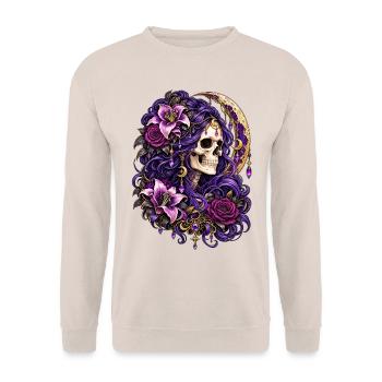 Schädelfrau, Mondblumen, Lila, Gotisch, - Unisex Pullover - Sand - Vorne - Alina (178cm) & Michal (187cm)