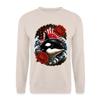 Orca im japanischen Irezumi Tattoo Stil - Unisex Pullover - Sand - Vorne - Alina (178cm) & Michal (187cm)