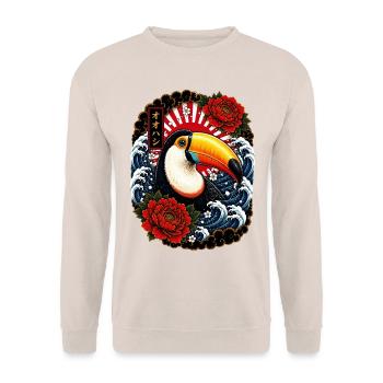 Tukan im japanischen Irezumi Tattoo Stil - Unisex Pullover - Sand - Vorne - Alina (178cm) & Michal (187cm)