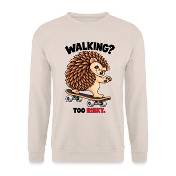 Skateboard-Igel – Zu riskant gehen - Unisex Pullover - Sand - Vorne - Alina (178cm) & Michal (187cm)