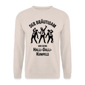 Der Bräutigam Und Seine Halli-Galli-Kumpels, JGA B - Unisex Pullover - Sand - Vorne - Alina (178cm) & Michal (187cm)