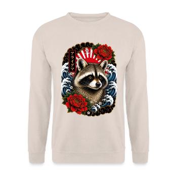 Waschbär im japanischen Irezumi Tattoo Stil - Unisex Pullover - Sand - Vorne - Alina (178cm) & Michal (187cm)