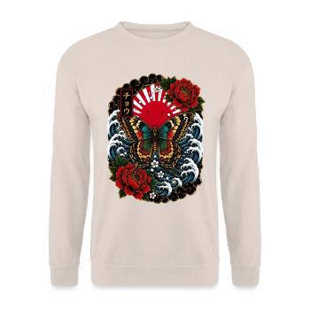 Schmetterling im japanischen Irezumi Stil - Unisex Pullover - Sand - Vorne - Alina (178cm) & Michal (187cm)