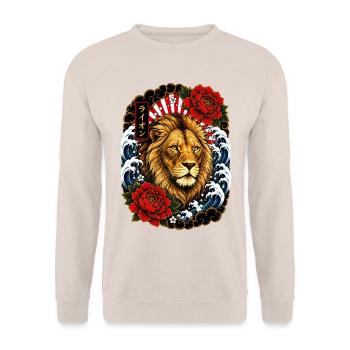 Löwe im japanischen Irezumi Tattoo Stil - Unisex Pullover - Sand - Vorne - Alina (178cm) & Michal (187cm)