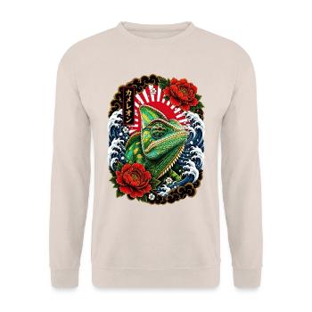 Chamäleon im japanischen Irezumi Tattoo Stil - Unisex Pullover - Sand - Vorne - Alina (178cm) & Michal (187cm)