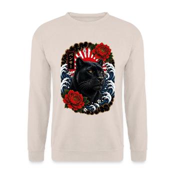 Schwarzer Panther im japanischen Irezumi Stil - Unisex Pullover - Sand - Vorne - Alina (178cm) & Michal (187cm)
