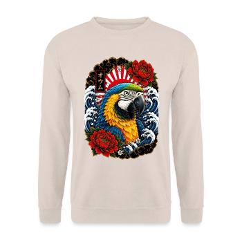 Ara Papagei im japanischen Irezumi Tattoo Stil - Unisex Pullover - Sand - Vorne - Alina (178cm) & Michal (187cm)