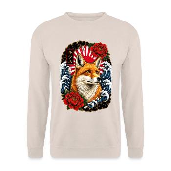 Fuchs im japanischen Irezumi Tattoo Stil - Unisex Pullover - Sand - Vorne - Alina (178cm) & Michal (187cm)