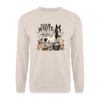 Team Weiß – Pferdebadeclub - Unisex Pullover - Sand - Vorne - Alina (178cm) & Michal (187cm)