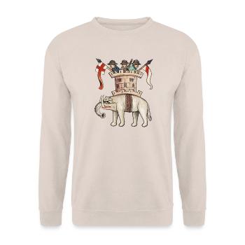 Mittelalterlicher Kriegselefant – Speculum humanae Sal - Unisex Pullover - Sand - Vorne - Alina (178cm) & Michal (187cm)