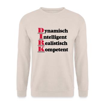 Dirk,Vorname,Namensschild,Name,Fun Shirt (25) - Unisex Pullover - Sand - Vorne - Alina (178cm) & Michal (187cm)