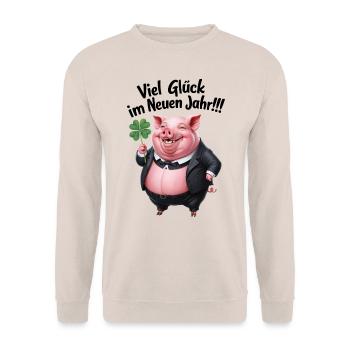 Silvester Neujahr Glückwunsch Neues Jahr Schwein - Unisex Pullover - Sand - Vorne - Alina (178cm) & Michal (187cm)