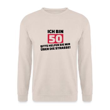 50. Geburtstag - Unisex Pullover - Sand - Vorne - Alina (178cm) & Michal (187cm)