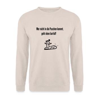 Spruch " Wer nicht in die Puschen kommt..." - Unisex Pullover - Sand - Vorne - Alina (178cm) & Michal (187cm)