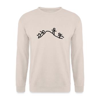 3 Männchen klettern Berg hoch - Unisex Pullover - Sand - Vorne - Alina (178cm) & Michal (187cm)