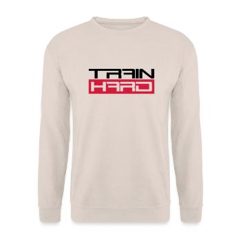 workout cool design text hantel train hard trainie - Unisex Pullover - Sand - Vorne - Alina (178cm) & Michal (187cm)