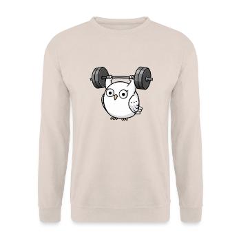 Funny Owl Bench Press Dumbbell Cartoon - Unisex Sweatshirt - sand - Front - Alina (178cm) & Michal (187cm)