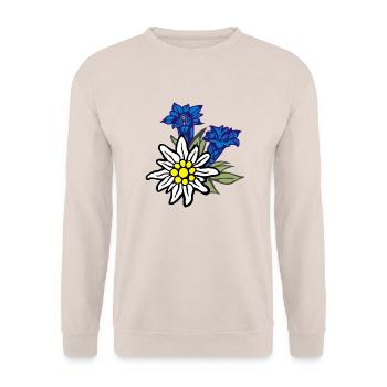 edelweiss_mit_enzian - Unisex Pullover - Sand - Vorne - Alina (178cm) & Michal (187cm)