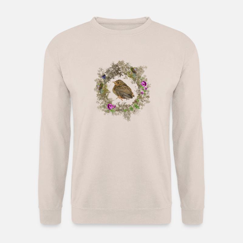 Rotkehlchen mit zarten Blüten und Bläulingen - Unisex Pullover - Sand