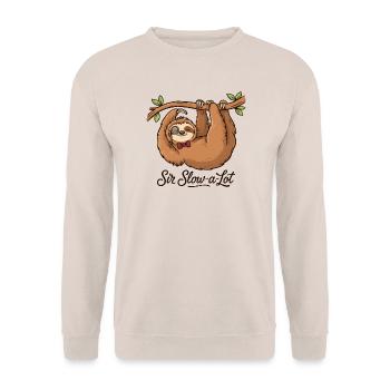 Sir Slow-a-Lot Faultier Büro Humor - Unisex Pullover - Sand - Vorne - Alina (178cm) & Michal (187cm)