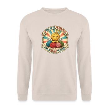 Peace, Love, and a Skein of Yarn – Woolicons - Unisex Pullover - Sand - Vorne - Alina (178cm) & Michal (187cm)