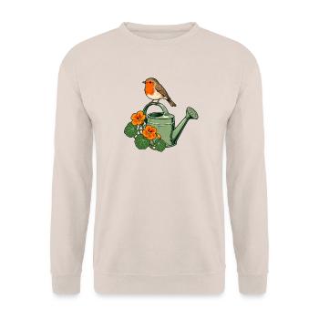 Rotkehlchen auf einer blühenden Gießkanne – Gartenarbeit - Unisex Pullover - Sand - Vorne - Alina (178cm) & Michal (187cm)