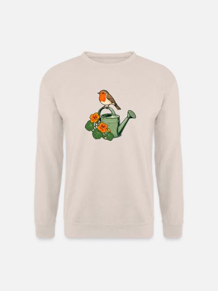 Rotkehlchen auf einer blühenden Gießkanne – Gartenarbeit - Unisex Pullover - Sand