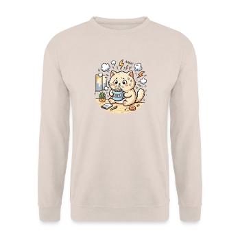 Gestresste Katze mit Kaffee-Bildunterschrift ASAP-Comic - Unisex Pullover - Sand - Vorne - Alina (178cm) & Michal (187cm)