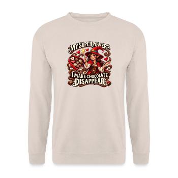 Meine Superkraft? Schokoladen-Verschwinde-Hexe - Unisex Pullover - Sand - Vorne - Alina (178cm) & Michal (187cm)