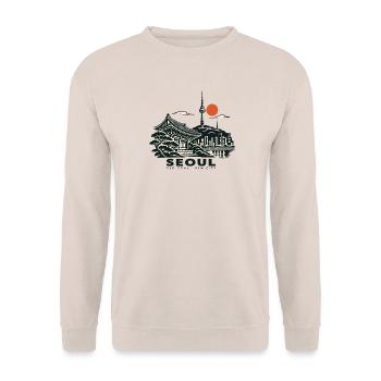 Seoul Tempel & Skyline Sonnenrot - Unisex Pullover - Sand - Vorne - Alina (178cm) & Michal (187cm)