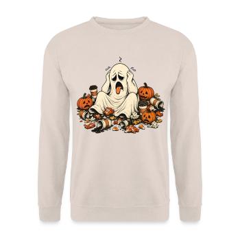 Halloween Ghost Coffee Pillow for Morning Grouches - Unisex Sweatshirt - sand - Front - Alina (178cm) & Michal (187cm)
