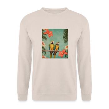 Zwei Papageien auf einem Ast mit Hibiskusblüten - Unisex Pullover - Sand - Vorne - Alina (178cm) & Michal (187cm)