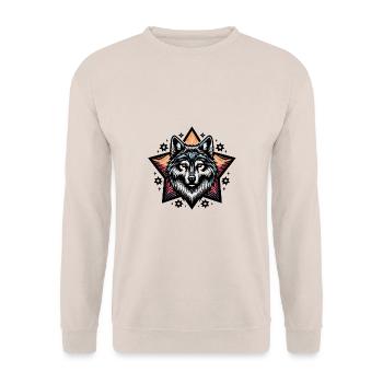 farbenfrohes Wolfsportrait - Unisex Pullover - Sand - Vorne - Alina (178cm) & Michal (187cm)