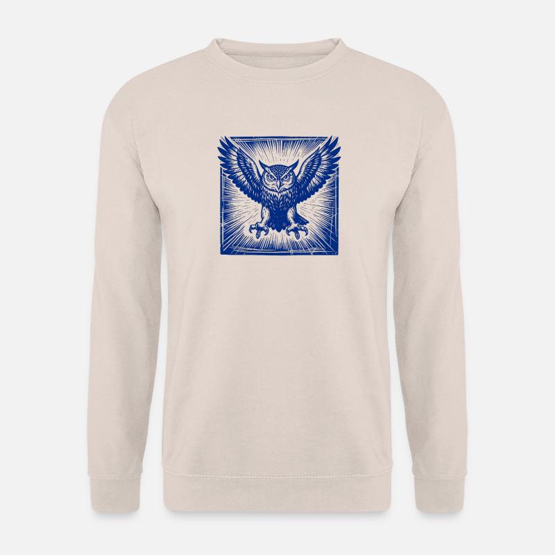 Blaue Eule im Linoldruck - Unisex Pullover - Sand