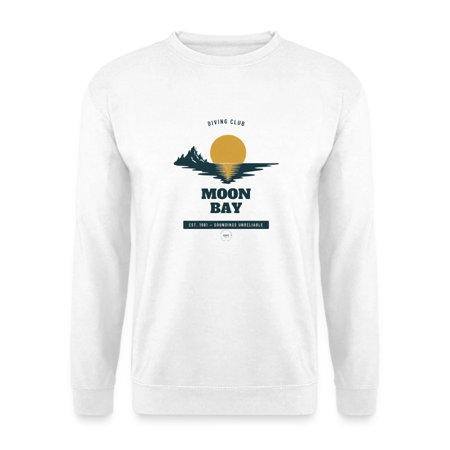Moon Bay badge on a unisex sweatshirt, white, front