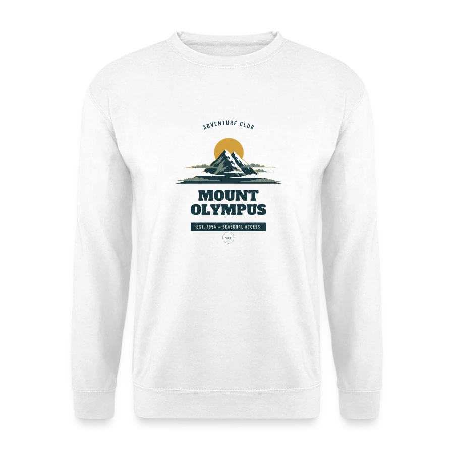 Mount Olympus badge on a unisex sweatshirt, white, front