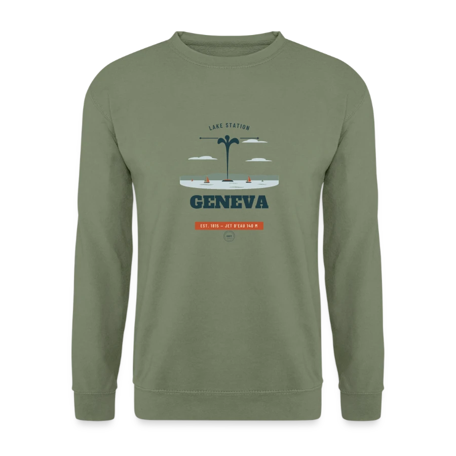 Geneva badge on a unisex sweatshirt, army green