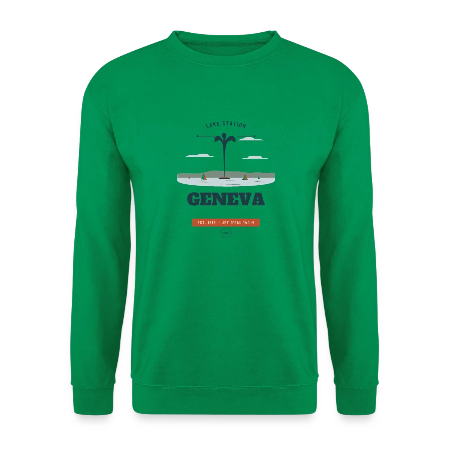 Geneva badge on a unisex sweatshirt, kelly green