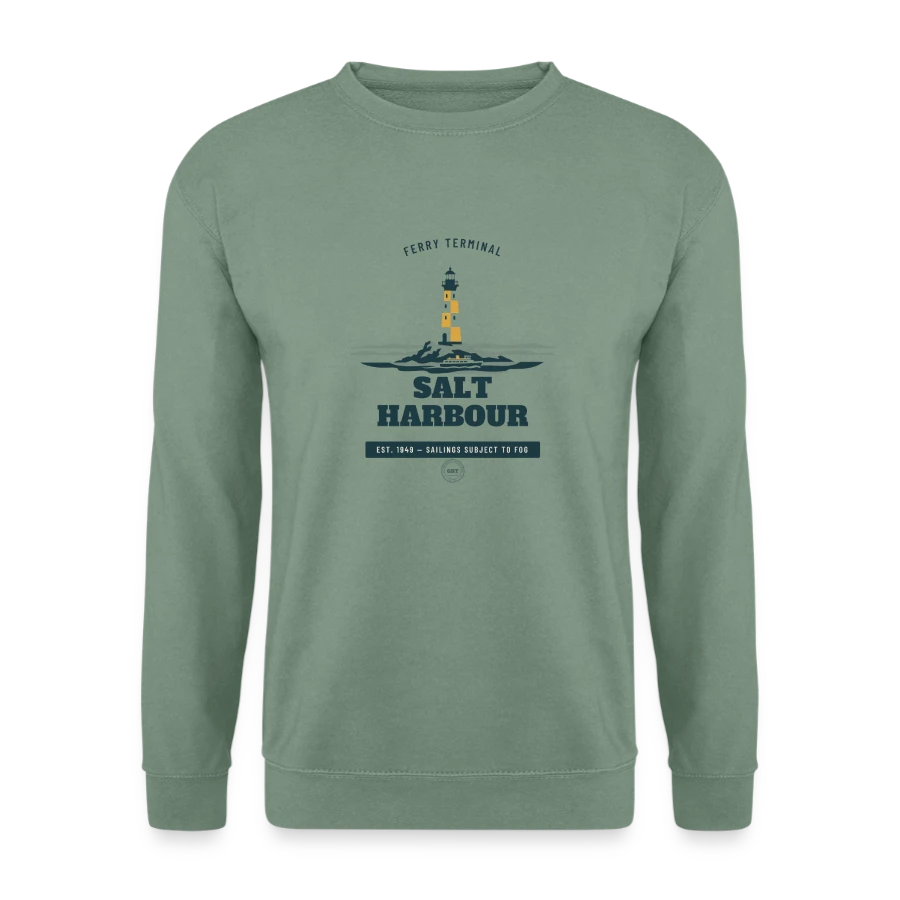 Salt Harbour badge on a unisex sweatshirt, steel green, front