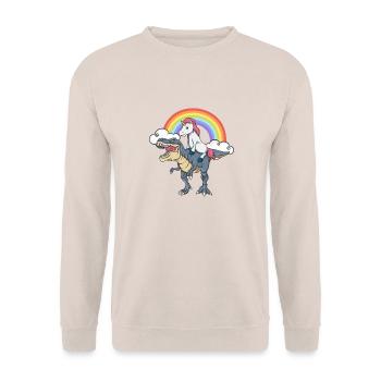 Einhorn Dinosaurier T-Rex Regenbogen Geschenk - Unisex Pullover - Sand - Vorne - Alina (178cm) & Michal (187cm)