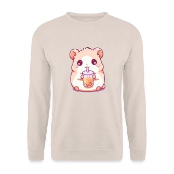 Kawaii Hamster trinkt Boba Bubble Tea Chibi - Unisex Pullover - Sand - Vorne - Alina (178cm) & Michal (187cm)