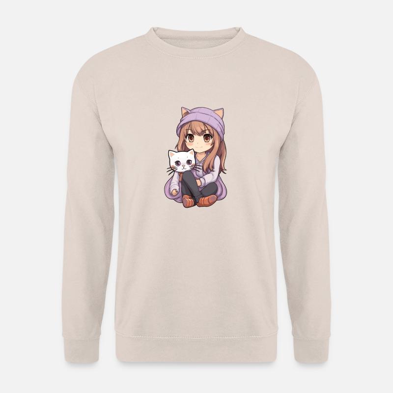 Kawaii Mädchen Anime Manga Mädchen und Katze - Unisex Pullover - Sand