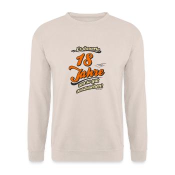 Geburtstag es dauerte 18 Jahre RAHMENLOS® - Unisex Pullover - Sand - Vorne - Alina (178cm) & Michal (187cm)