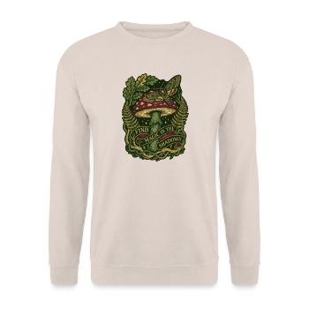 Magischer Wald-Pilzmotten-Inschrift Cottagecore - Unisex Pullover - Sand - Vorne - Alina (178cm) & Michal (187cm)