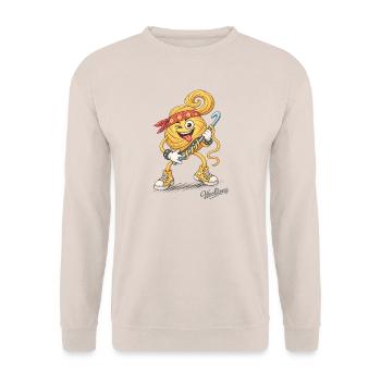 Rockender Woolicon mit Häkelnadel-Gitarre - Unisex Pullover - Sand - Vorne - Alina (178cm) & Michal (187cm)